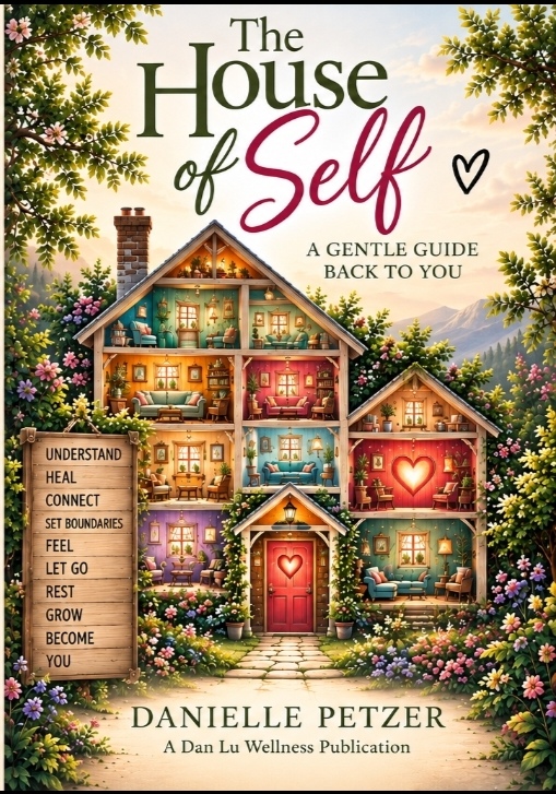Front cover of The House of Self by Danielle Petzer — an illustrated house full of glowing rooms, surrounded by gardens and mountains